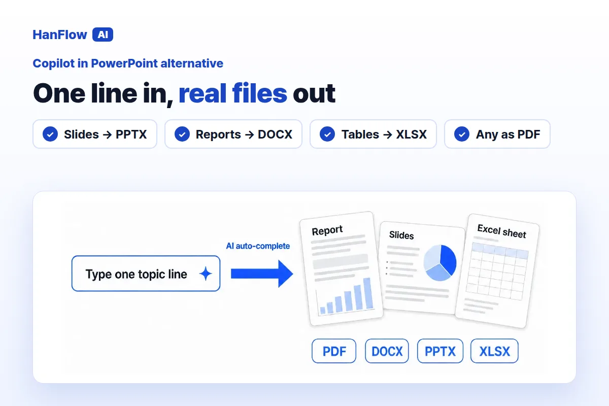 One line in, real files out — PPTX, DOCX, XLSX, PDF