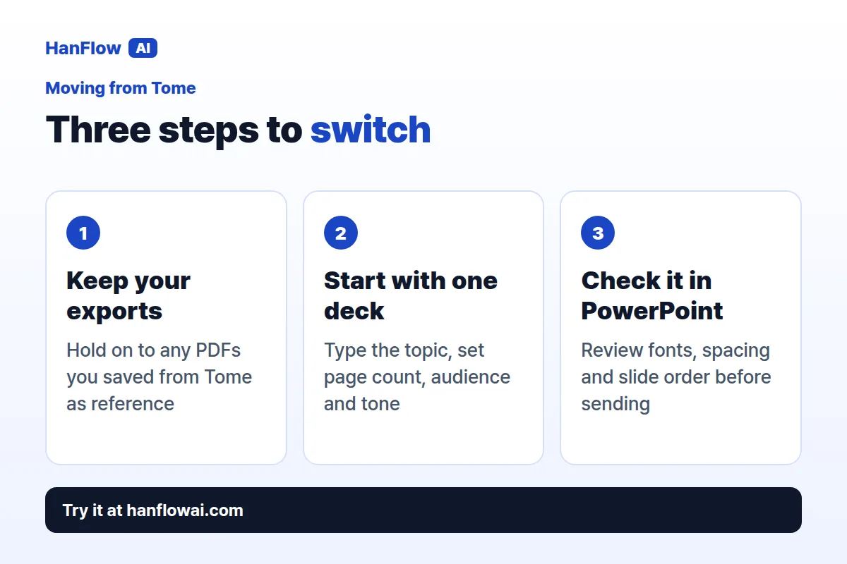 Moving from Tome — keep your exports, start with one deck, check it in PowerPoint