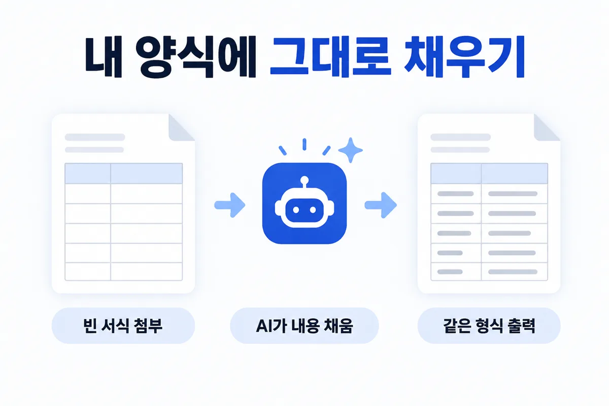 내 양식에 그대로 채우기 — 빈 서식 첨부, AI가 내용 채움, 같은 형식 출력