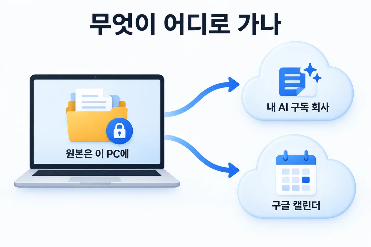 무엇이 어디로 가나 — 원본은 이 PC에, 질문은 내 AI 구독 회사로, 일정은 구글 캘린더로