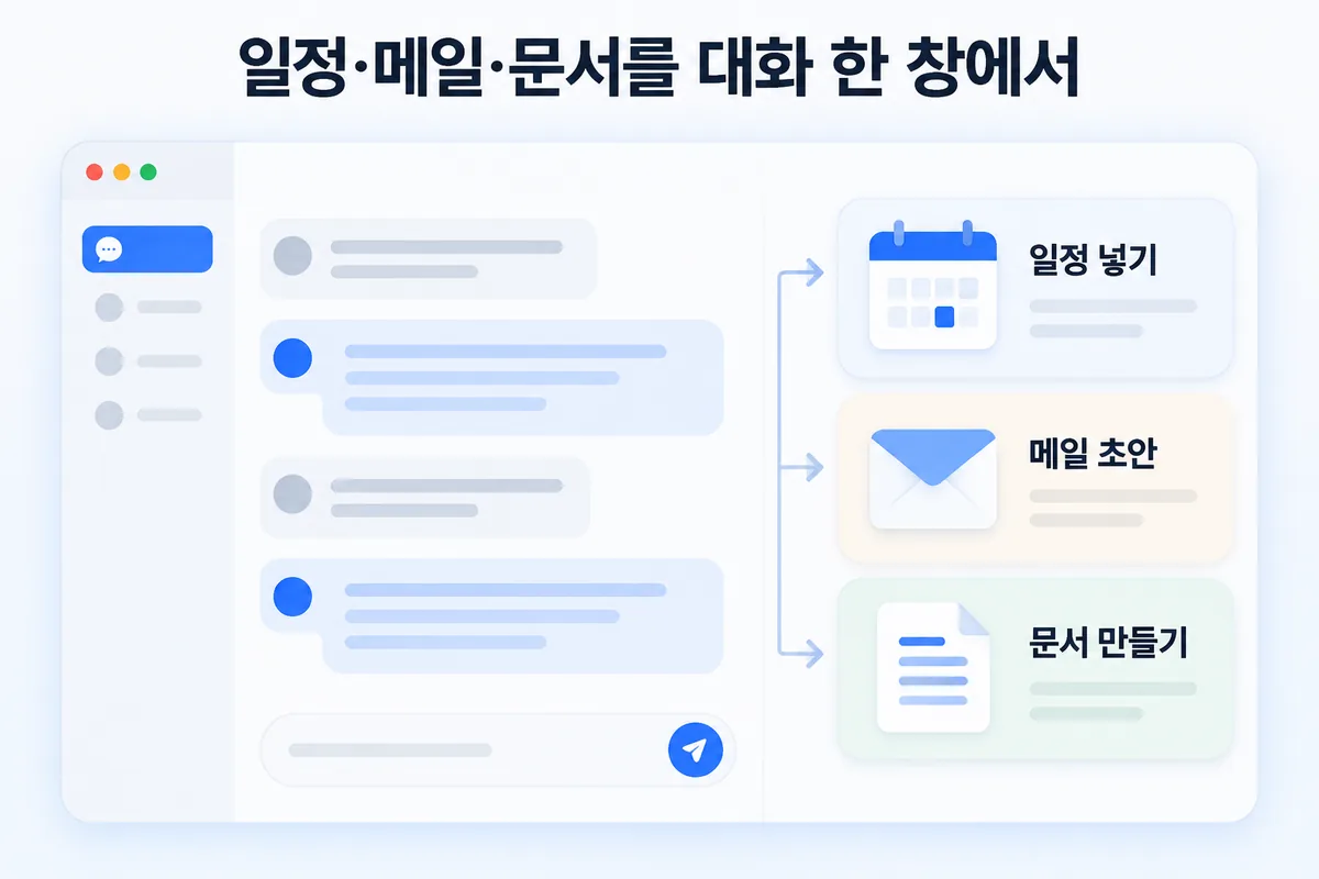 일정·메일·문서를 대화 한 창에서 — 일정 넣기, 메일 초안, 문서 만들기