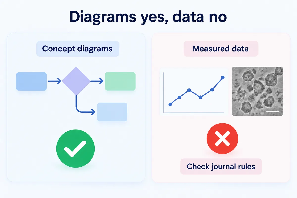 Diagrams yes, data no — concept diagrams are fine, measured data is not, check journal rules