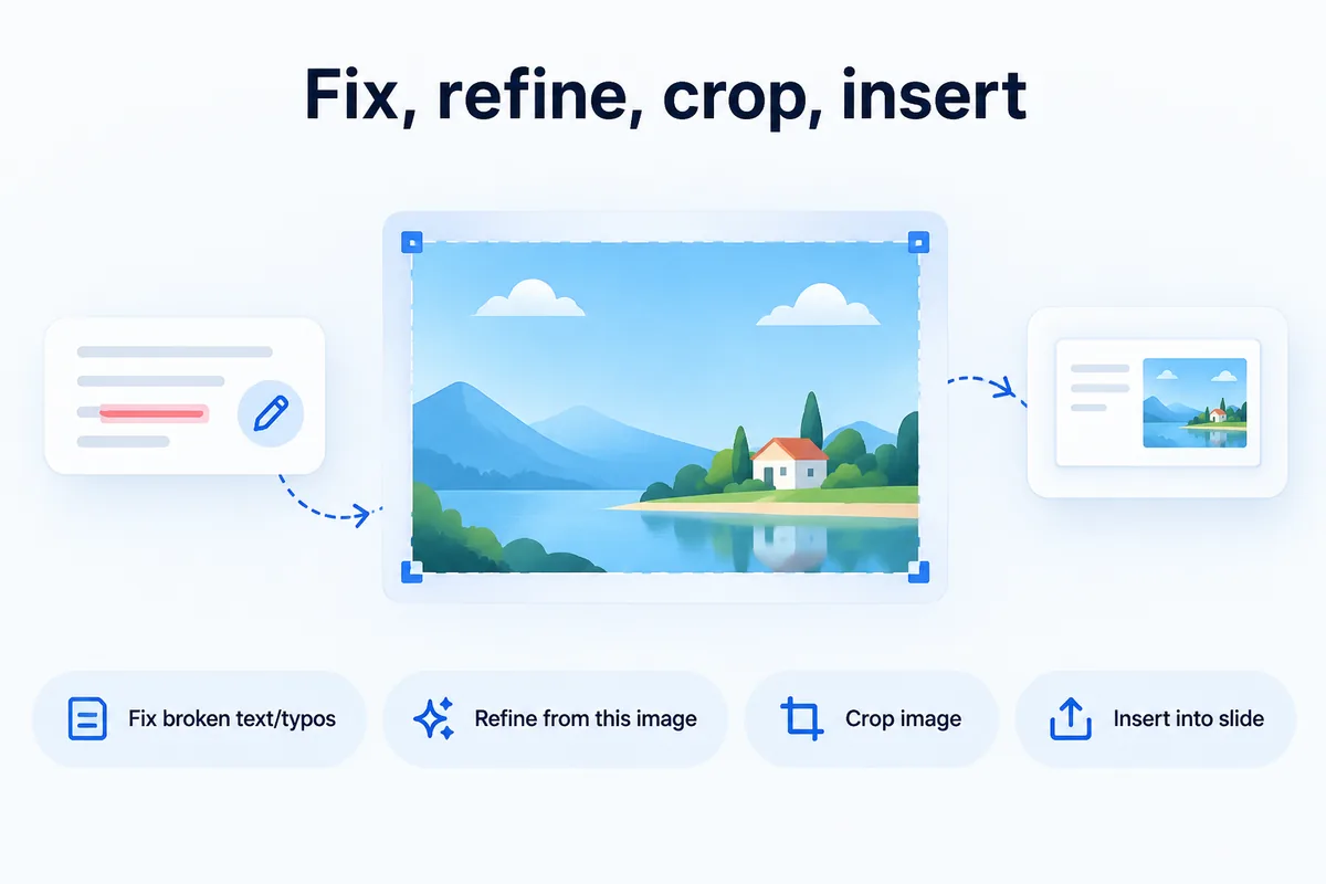 Fix, refine, crop, insert — fix broken text/typos, refine from this image, crop image, insert into slide