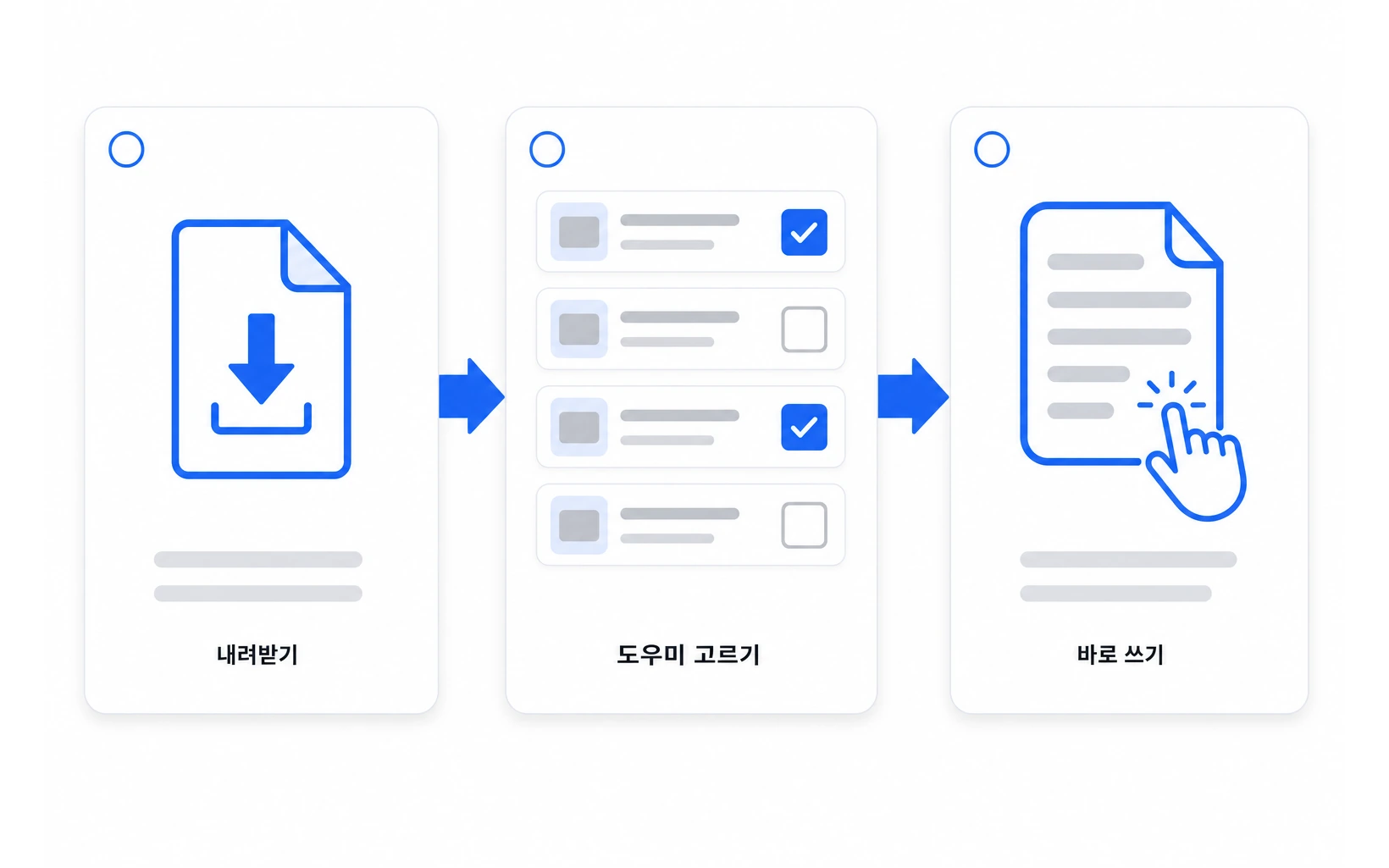 세 단계 도식 — 내려받기 · 도우미 고르기 · 바로 쓰기