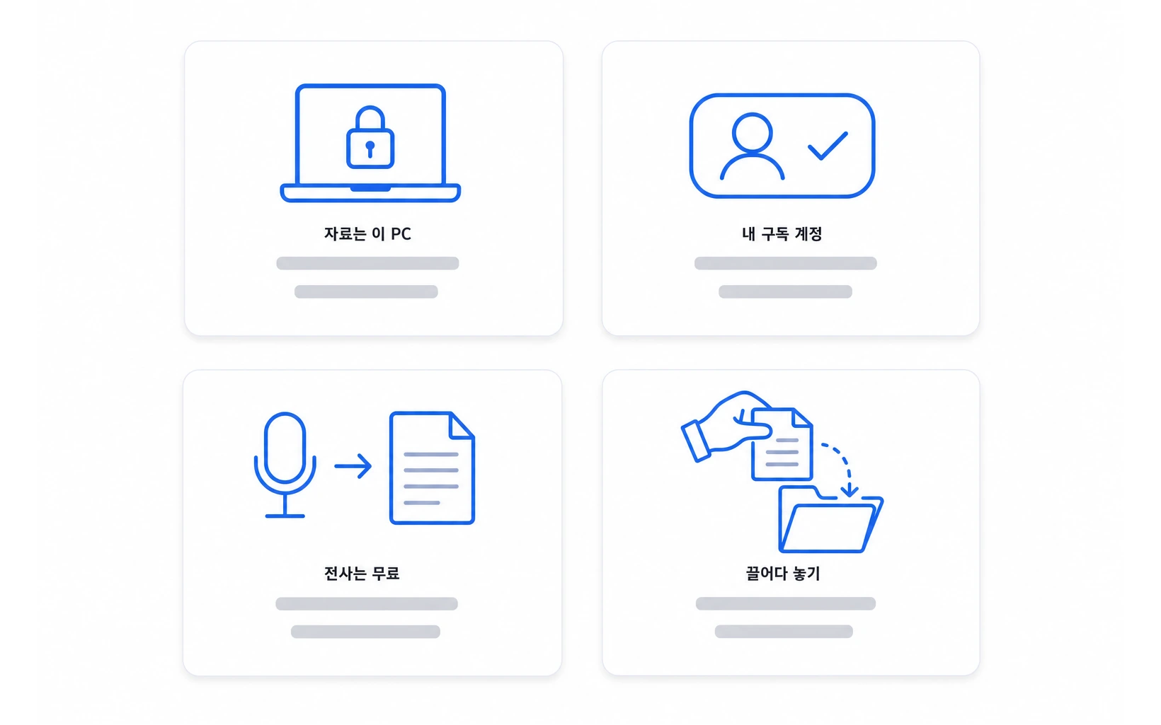 네 가지 이유 도식 — 자료는 이 PC · 내 구독 계정 · 전사는 무료 · 끌어다 놓기