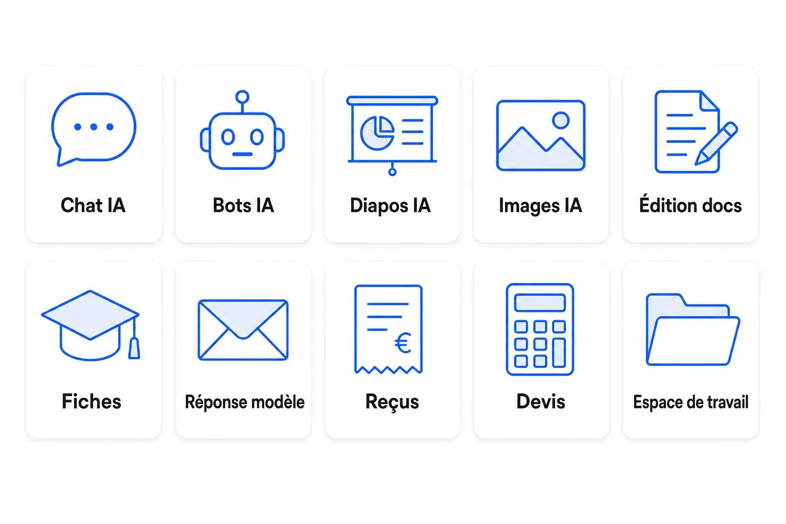 Dix fonctions dans un compte — chat IA, bots, diapositives, images, révision, fiches, réponses, reçus, devis, espace de travail