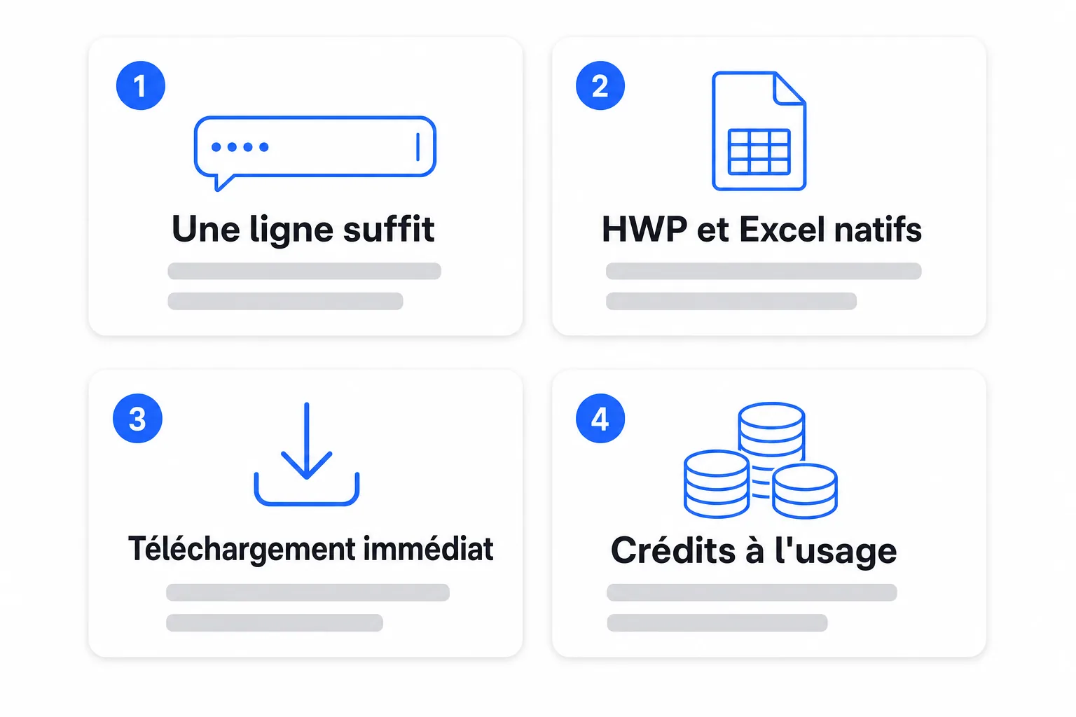 Pourquoi HanFlow AI — quatre raisons : une ligne suffit, HWP/Excel natifs, téléchargement immédiat, paiement à l’usage