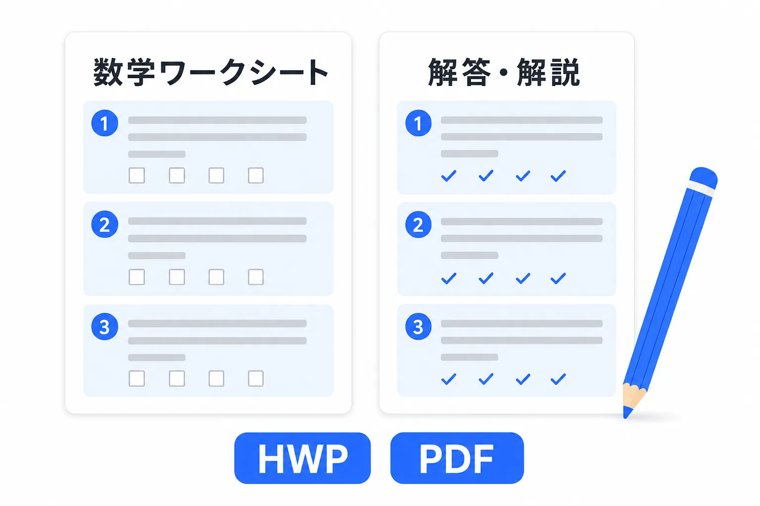 ワークシートと解答・解説が一緒に生成される図解(HWP・PDF)