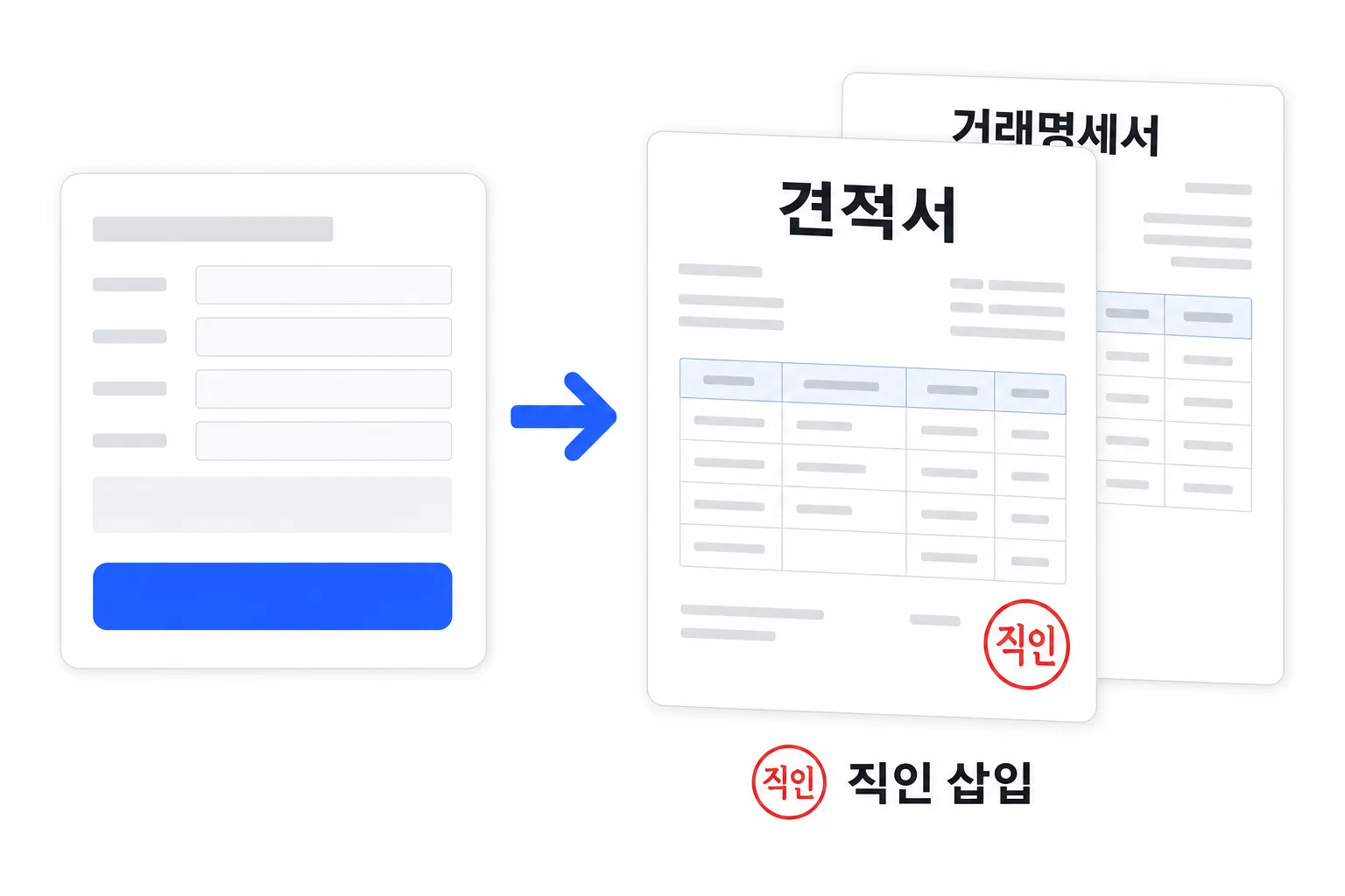 입력 양식에서 직인 삽입된 견적서·거래명세서가 생성되는 요약 도식