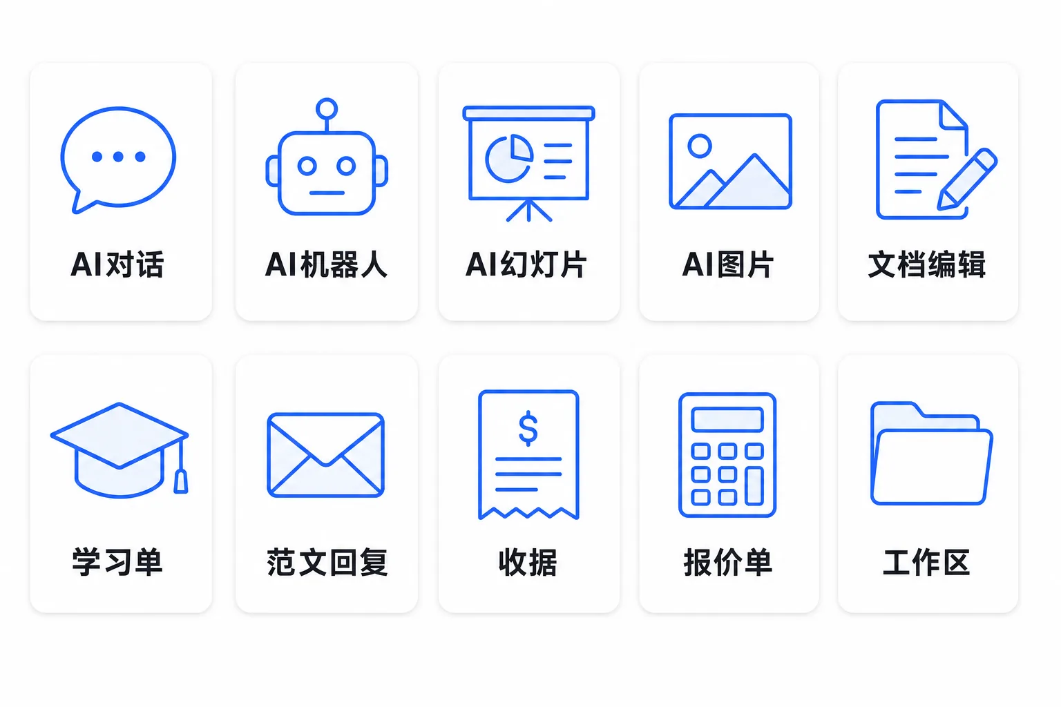 一个账号的10项功能 — AI聊天、机器人、幻灯片、图像、文档修改、练习卷、模范回复、收据、报价单、工作区