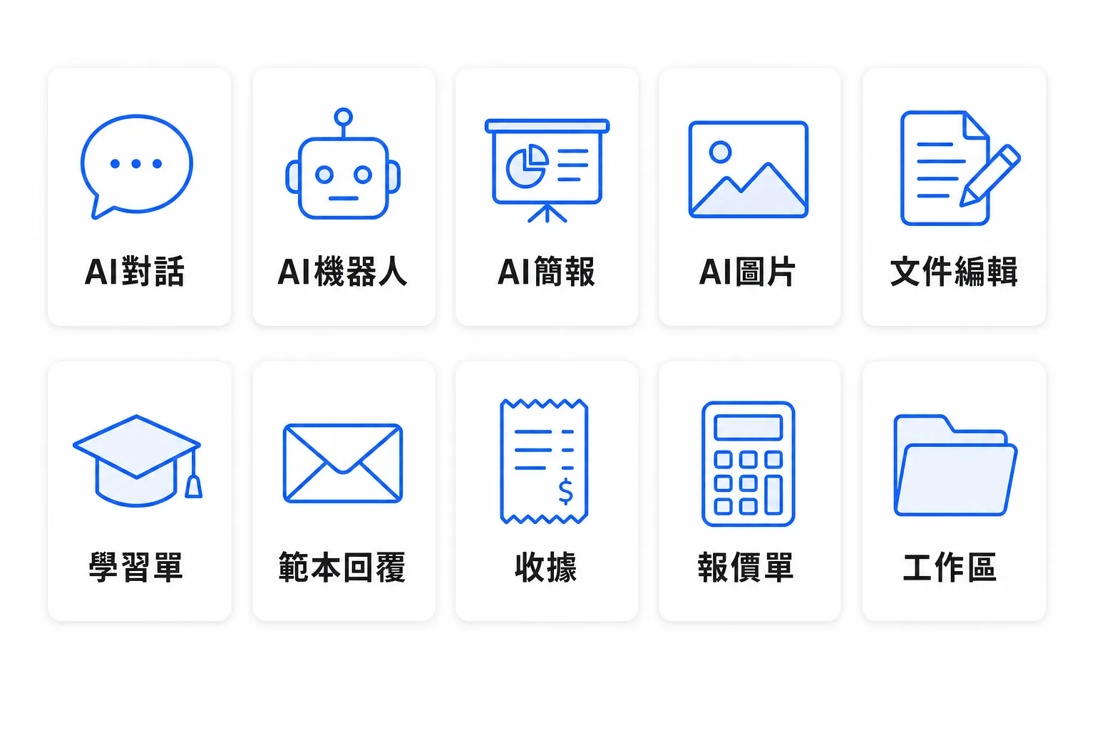 一個帳號的10項功能 — AI聊天、機器人、簡報、圖像、文件修改、學習單、範本回覆、收據、報價單、工作區